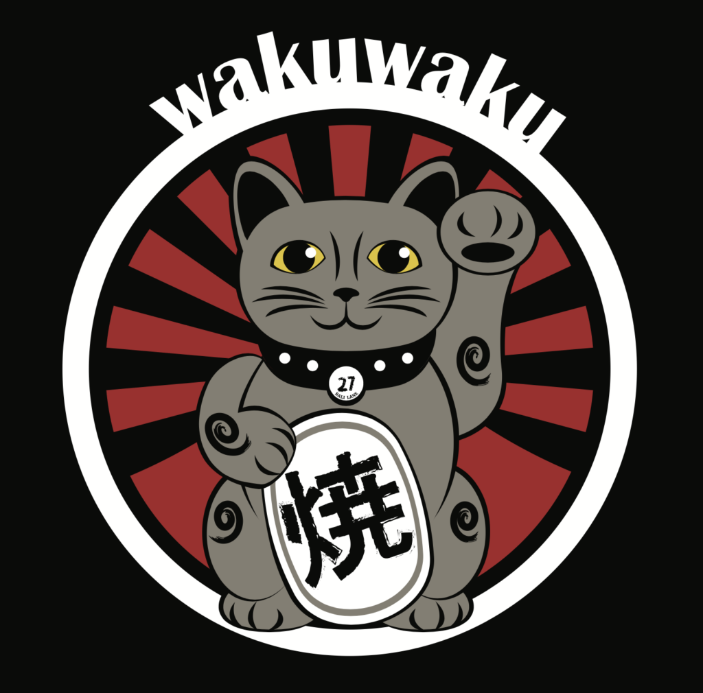 WakuWaku Yakiniku cat logo with Japanese sunburst