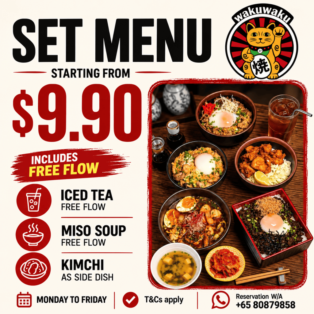 WakuWaku Yakiniku weekday lunch set menu starting from $9.90 with free-flow iced tea and miso soup